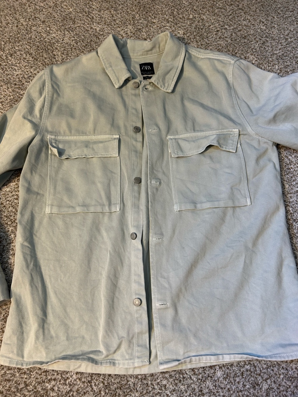 Zara Light Sage Green Denim Casual Button Down Shirt